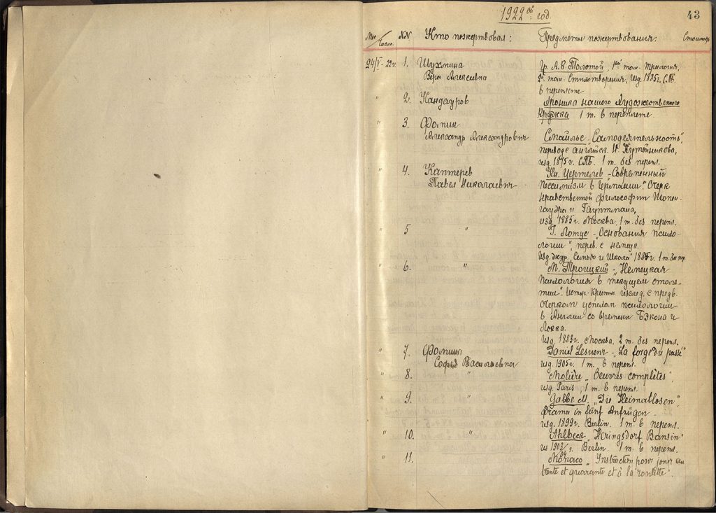 Книга «Пожертвования Академической библиотеки Малого театра». 1922–1932. Подлинник. Из фондов РГБИ. Запись № 1 - пожертвование В.А.Шухминой.