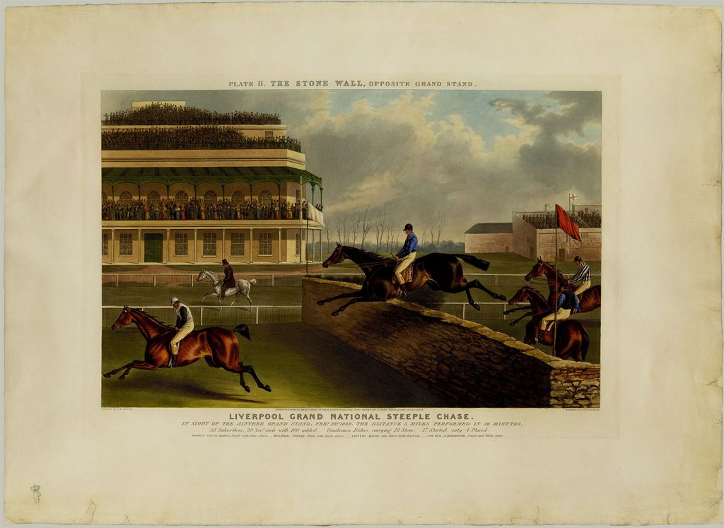 Изобразительные материалы, поступившие в ГТБ из Ленинградского книжного фонда в 1927 г. Liverpool Grand National steeple chase, Plate II. The stone wall, opposite grand stand. Reeve R. G., Reeve A. W. по оригиналу Laporte G. H. London, 1839. Акватинта, офорт, цветная печать, раскраска. Лист из собрания принца П.Г.Ольденбургского. Из фондов РГБИ.