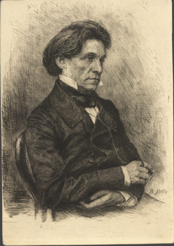 Изобразительные материалы, поступившие в ГТБ из Ленинградского книжного фонда в 1927 г. Живописец, ректор императорской Академии художеств Ф.А.Бруни. Матэ В.В. по оригиналу Деньера А.И. Санкт-Петербург, кон. XIX в. Офорт. Из фондов РГБИ.