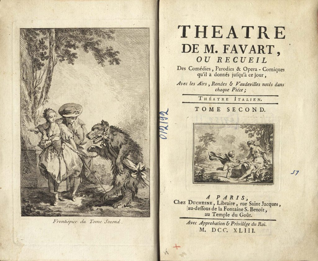 Favart C. S., Theatre de M. Favart, ou recueil des comedies, parodies & Opera-comiques qu`il a donnes jusqu`a ce jour, avec les airs, rondes & vaudevilles notes dans chaque piece. T. 2. Paris, 1743. Экземпляр из библиотеки С.А.Щербатова (усадьба «Нара»). Из фондов РГБИ.