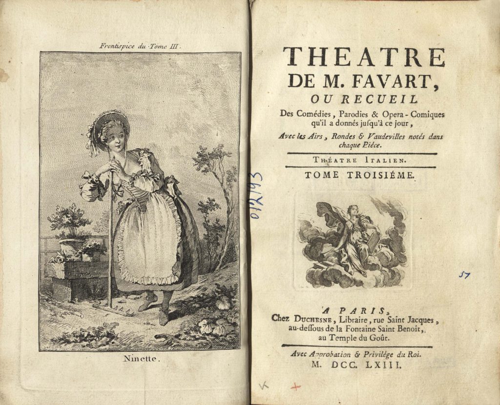 Favart C. S., Theatre de M. Favart, ou recueil des comedies, parodies & Opera-comiques qu`il a donnes jusqu`a ce jour, avec les airs, rondes & vaudevilles notes dans chaque piece.T. 3. Paris, 1743. Экземпляр из библиотеки С.А.Щербатова (усадьба «Нара»). Из фондов РГБИ.