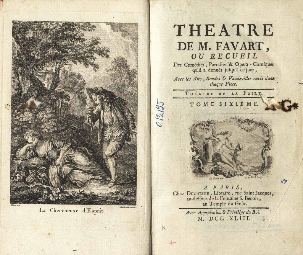 Favart C. S., Theatre de M. Favart, ou recueil des comedies, parodies & Opera-comiques qu`il a donnes jusqu`a ce jour, avec les airs, rondes & vaudevilles notes dans chaque piece.Teatre de la Foire T. 6. Paris, 1743. Экземпляр из библиотеки Гудовича. Из фондов РГБИ.