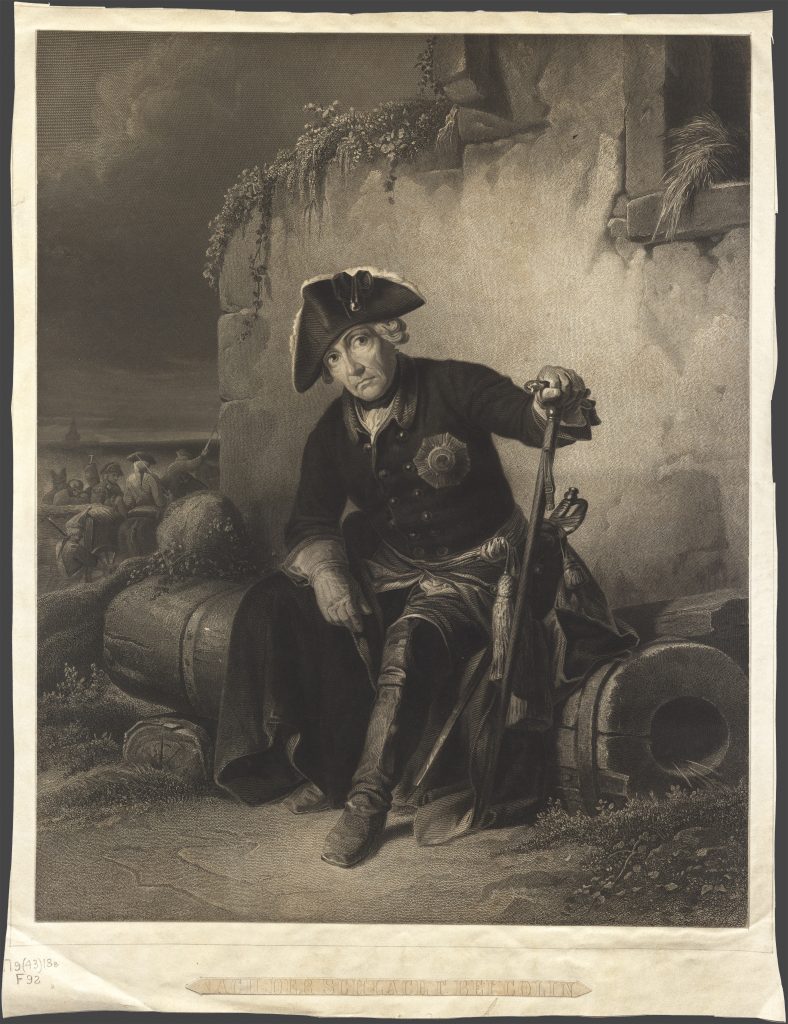 Изобразительные материалы, поступившие в ГТБ из Ленинградского книжного фонда в 1928 году. [Король Прусский Фридрих II] После битвы при Колине. Payne A.H. по оригиналу Шрадера Ю.Ф.А. Германия, XIX в (1850). Офорт, резец. Из фондов РГБИ.