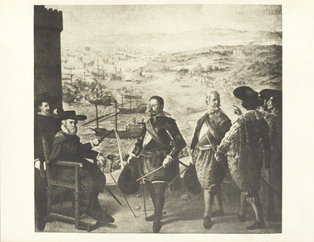 Eugenio Caxes: Die Vertreibung der Engländer aus der Bucht von Cadiz. - Mayer-Geschichte der Spanishen Malerei. Фоторепродукция книжной иллюстрации в тематическом альбоме «Дама – невидимка», составленном сотрудником ГТБ П.П.Пашковым и хранящемся в Центре визуальной информации. Из фондов РГБИ.