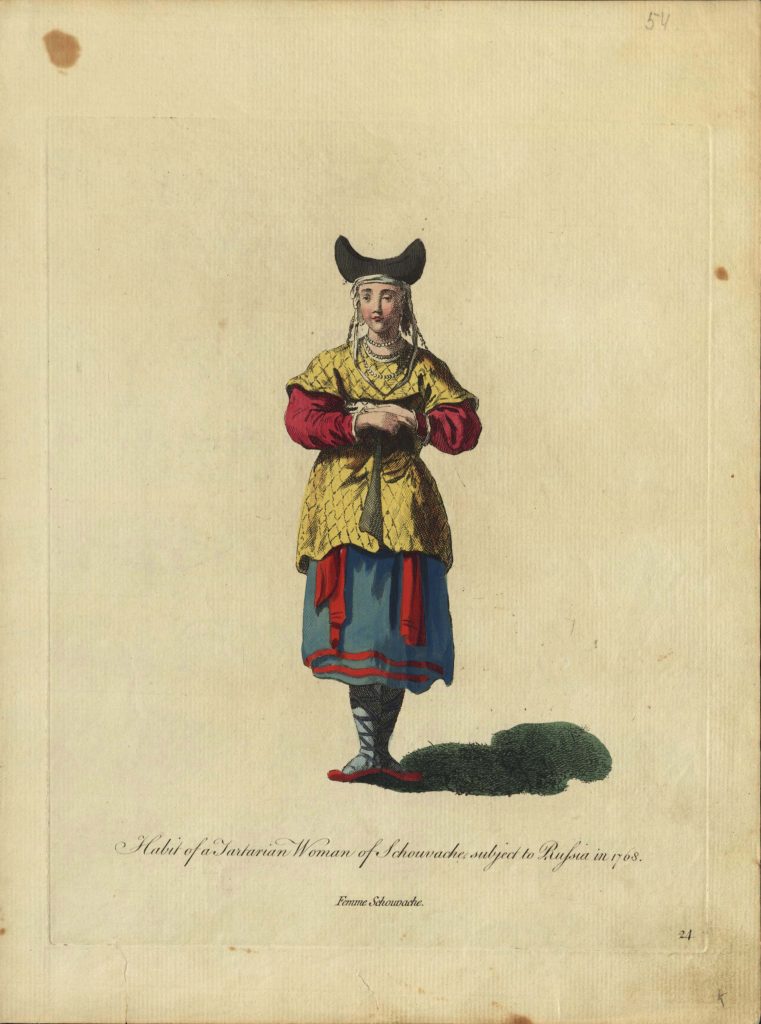 Изобразительные материалы, поступившие в ГТБ из Книжного фонда Главнауки в 1928 г. Костюм татарской женщины из Чувашии в России в 1768 г. Лепренс Ж.-Б. по своему оригиналу. [Лондон], 2-я пол. XVIII в. Офорт, ручная раскраска акварелью. Из фондов РГБИ.