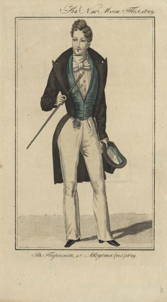 Изобразительные материалы, поступившие в ГТБ из Книжного фонда Главнауки в 1928 г. В Париже 15 августа (нового стиля) 1829 г. Модная картинка с изображением мужского костюма из журнала «Московский телеграф» (1829, № 16). Неизвестный гравер. Офорт, ручная раскраска акварелью. Из фондов РГБИ.