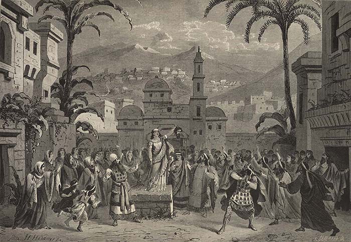 Иллюстрации из журнала «Всемирная иллюстрация» (1875, № 322. С. 185). Вейерман К. Р. по рис. Негадаева Н.С. Сцена финала из оперы А.Н.Серова «Юдифь» в императорском Мариинском театре. Гравюра на дереве. Из фондов РГБИ.