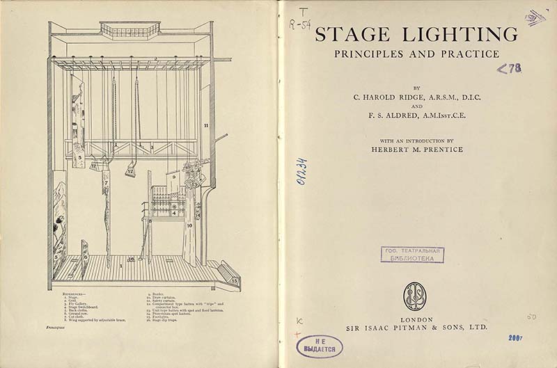 Новые поступления в фонды ГТБ к 1942 г. Ridge, C. Harold. Stage lighting: Principles and practice / With an introduction by H. Prentice. – London, 1940. Из фондов РГБИ.