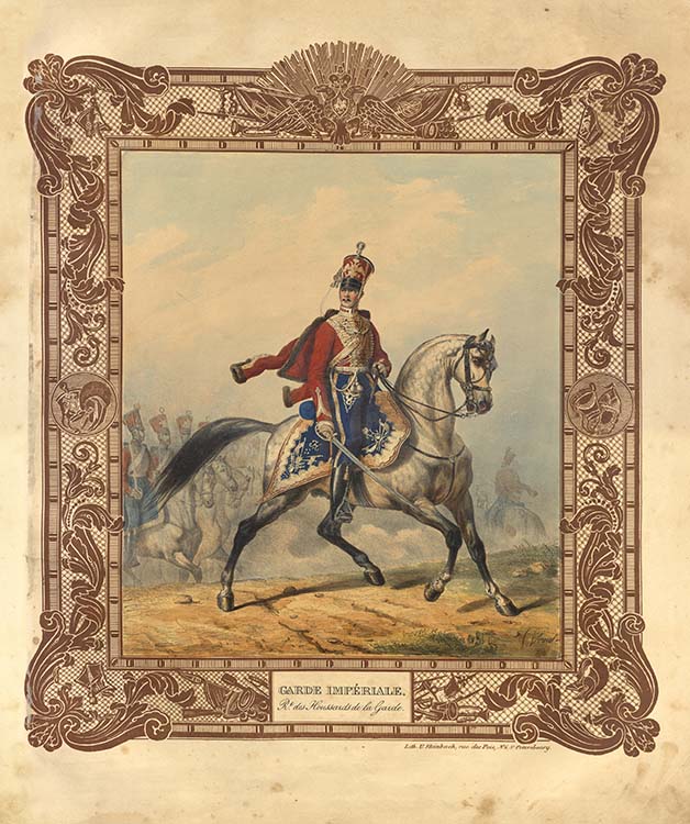 Верне Э.Ж.О. Офицер Лейб-гвардии гусарского полка в парадной форме. Санкт-Петербург: литография Стейнбаха, 1842. Литография, раскраска, лак.